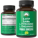 Peak Performance Mood Support Supplement with 5 Top Ingredients: 5HTP, SAM e, L Tyrosine, L Theanine, and Panax Ginseng. Calm, Focus, Relaxation Supplements. Vegan