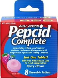 Pepcid Complete Acid Reducer + Antacid for Acid Reflux, 10mg Famotidine, 800mg Calcium Carbonate & 165mg Magnesium Hydroxide per Heartburn Medicine Tablet, Antacid Chews, Berry, 8 ct