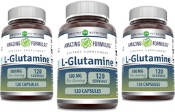 Amazing Formulas L-Glutamine 500 mg Capsules | Amino Acid Supplement | Non-GMO | Gluten Free | Made in USA (3 Pack, 120 Count)