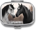 Black and White Horses Square Pill Box, 2 Compartment Decorative Pocket Pill Box for Pocket Or Purse Portable Mini Travel Medicine Tablet Vitamin Holder Organizer Pill Case