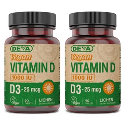 DEVA Vegan Vitamin D3 Supplement - Once-Per-Day Tablet with 1000 IU - Cholecalciferol - Lichen Plant Derived - 90 Small Tablets, 2-Pack