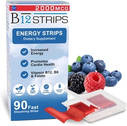 Essential Source 2,000 mcg Methylcobalamin Vitamin B12 Sublingual Energy Strips | Biotin, B6, 5-MTHF L-Methylfolate | Sublingual B12 Vitamins, Folate | Energy, Brain Health, Nerve Function - 90 Strips