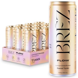 BREZ FLOW Lion’s Mane Mushroom Drink,12-Pack, Non-Infused, Adaptogens, Relieving, Uplifting, and Social, Sparkling Lemon Elderflower Tonic 12 Fl oz