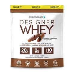 Designer Wellness, Designer Whey, Natural Whey Protein Powder with Probiotics, Fiber, and Key B-Vitamins for Energy, Gluten-Free, Gourmet Chocolate, 2 lb